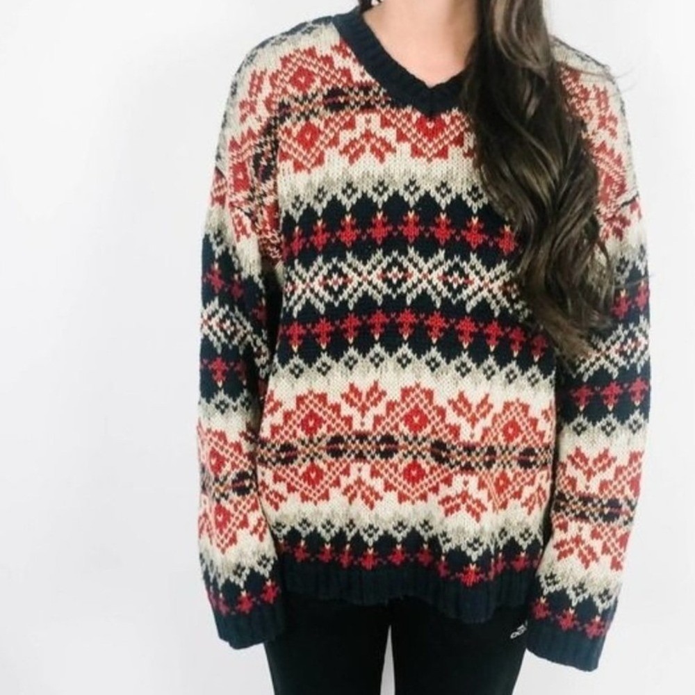 Abercrombie & Fitch Vintage Fair Isle Knit V-Neck Sweater Navy Red Cream XL